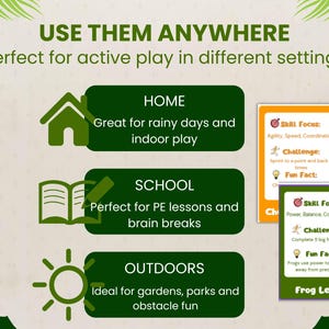 Op de afbeelding: Een infographic met de tekst "USE THEM ANYWHERE" en "Perfect voor actief spelen in verschillende omgevingen." Het bevat pictogrammen voor thuis, school en buiten, elk met een beschrijving. Twee kaarten beschrijven de focus op vaardigheden, uitdagingen en leuke weetjes.