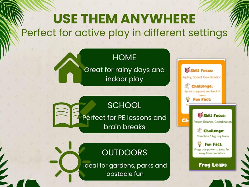 Op de afbeelding: Een infographic met de tekst "USE THEM ANYWHERE" en "Perfect voor actief spelen in verschillende omgevingen." Het bevat pictogrammen voor thuis, school en buiten, elk met een beschrijving. Twee kaarten beschrijven de focus op vaardigheden, uitdagingen en leuke weetjes.