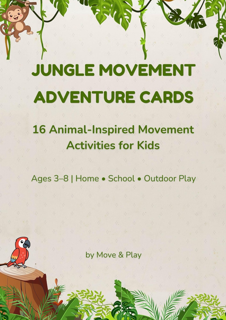 Op de afbeelding: Een jungle-thema avonturenkaartenset voor kinderen, met een illustratie van een aap en een papegaai. De kaarten zijn ontworpen voor dierlijk ge&iuml;nspireerde bewegingsactiviteiten voor kinderen van 3-8 jaar, geschikt voor thuis, op school en buitenspelen.