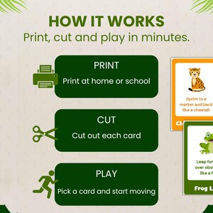 Op de afbeelding: Een educatief spel met instructies: Print, knip en speel. De afbeelding toont een groen printerpictogram, een schaar en een rennende persoon. Twee kaarten tonen een cheeta en een kikker met instructies om te sprinten en te springen.