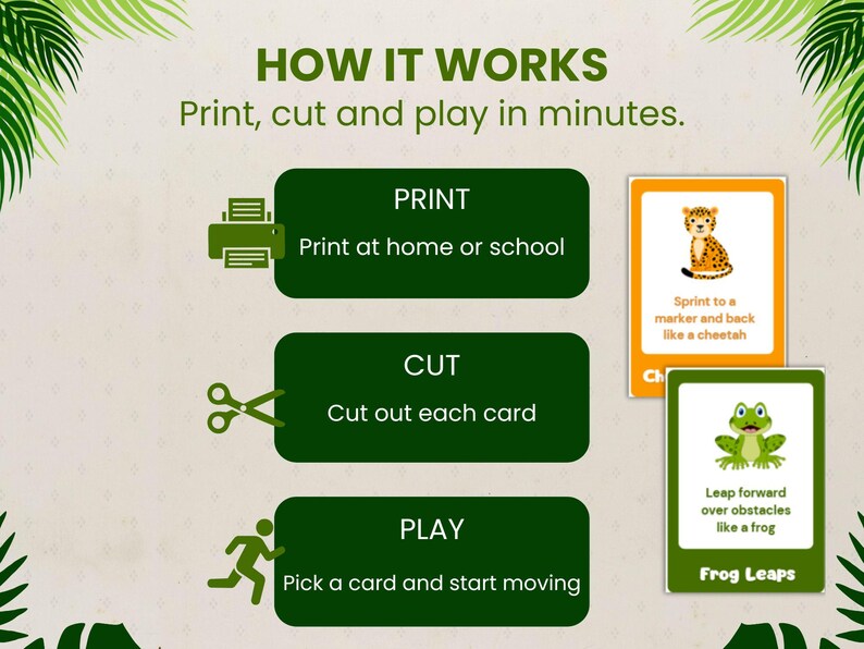 Op de afbeelding: Een educatief spel met instructies: Print, knip en speel. De afbeelding toont een groen printerpictogram, een schaar en een rennende persoon. Twee kaarten tonen een cheeta en een kikker met instructies om te sprinten en te springen.