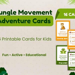 Op de afbeelding: Een set van 16 printbare "Jungle Movement Adventure Cards" voor kinderen. De kaarten bevatten dierlijke bewegingsactiviteiten zoals "Cheetah Sprint" en "Frog Leaps", die leuk, actief en educatief spelen bevorderen. De kaarten zijn oranje en groen.