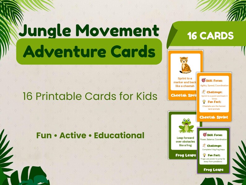 Op de afbeelding: Een set van 16 printbare "Jungle Movement Adventure Cards" voor kinderen. De kaarten bevatten dierlijke bewegingsactiviteiten zoals "Cheetah Sprint" en "Frog Leaps", die leuk, actief en educatief spelen bevorderen. De kaarten zijn oranje en groen.