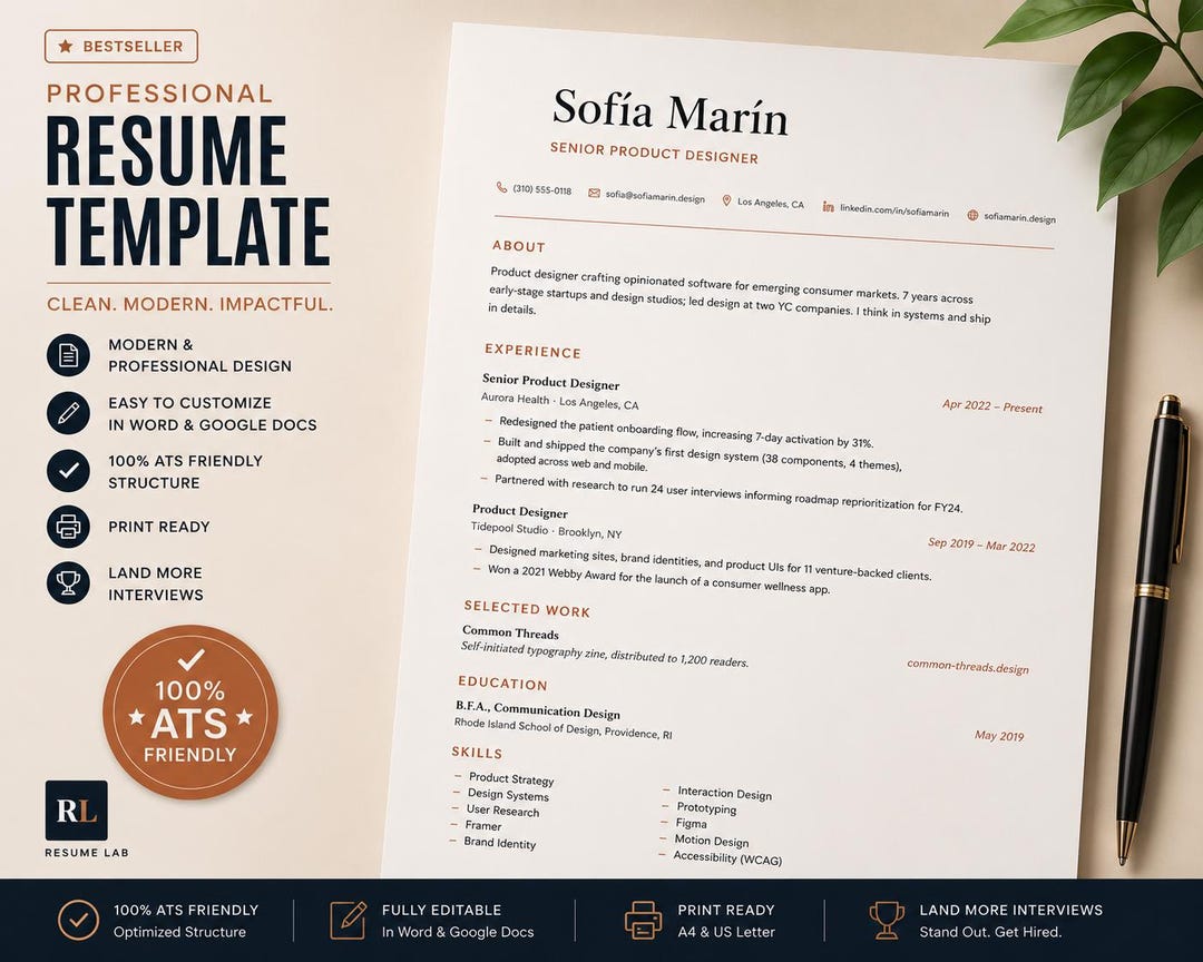 ATS Friendly Resume Template Word Pages Google Docs (instant Download ...