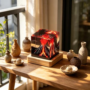 Op de afbeelding: Decoratieve kubuslamp met een vulkaanontwerp. De lamp heeft een zwarte achtergrond met een rode en oranje vulkaanillustratie. Hij staat op een houten voet en wordt tentoongesteld op een houten tafel met andere decoratieve vazen.