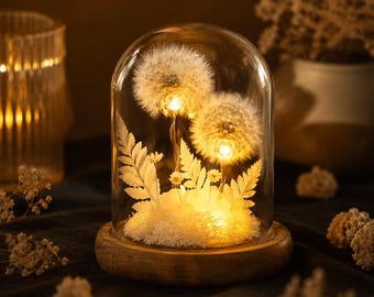 Preserved Dandelion Lamp, Fairy Light Glass Dome, Boho Night Light, Terrarium Decor