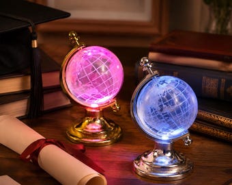 Mini Crystal World Globe LED Night Light, Silver & Gold Stand Engraved Earth Globe Glowing Table Ornament, Travel Lover Desk Decor Gift