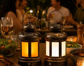Touch Control Vintage Mini Lantern Lamp, Distressed Bronze Metal Rechargeable LED Lantern, Rustic Farmhouse Table Glowing Ornament Gift