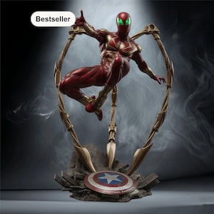 May include: A red and gold Spider-Man action figure with green eyes, posed dynamically with mechanical arms. The figure is mounted on a base with a Captain America shield. The word "Bestseller" is in a white box in the upper left corner.