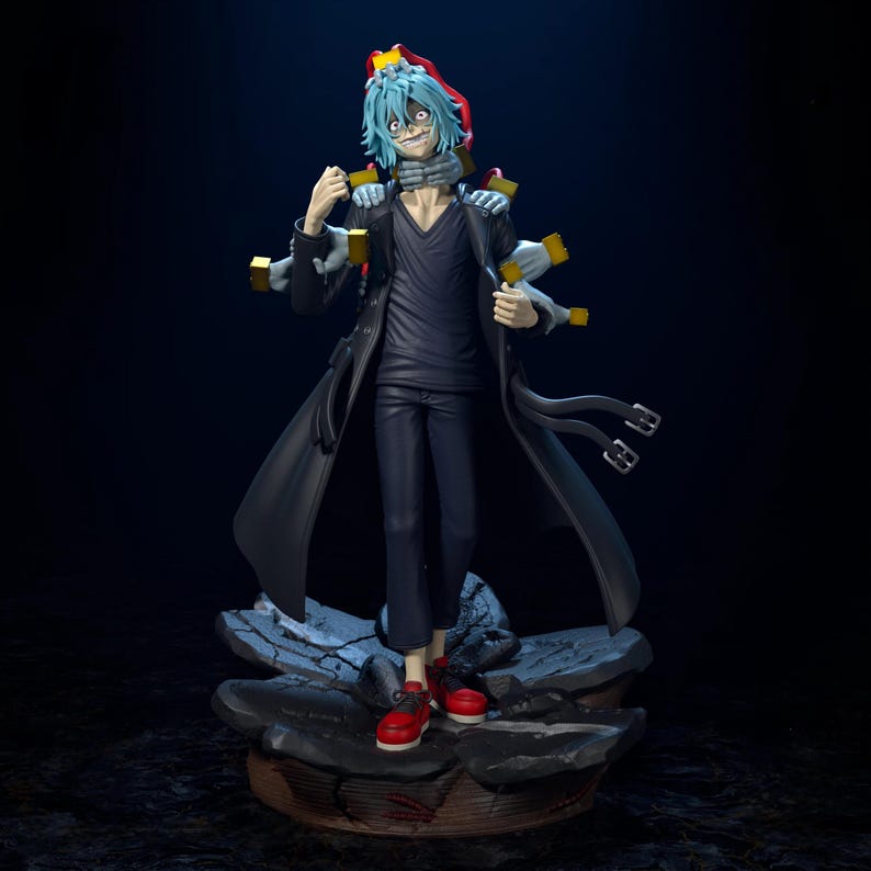 May include: A detailed figurine of a character with blue hair, wearing a black coat, pants, and a dark shirt. The figure has multiple hands and is standing on a rocky base. Red sneakers complete the look.