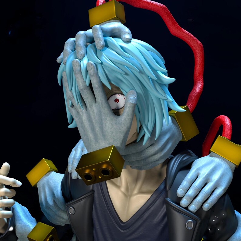 May include: A detailed figurine of a character with light blue hair and pale skin, partially obscured by a hand. The figure is adorned with multiple hands and gold-colored rectangular accents. A red, tube-like element extends from the figure's head.