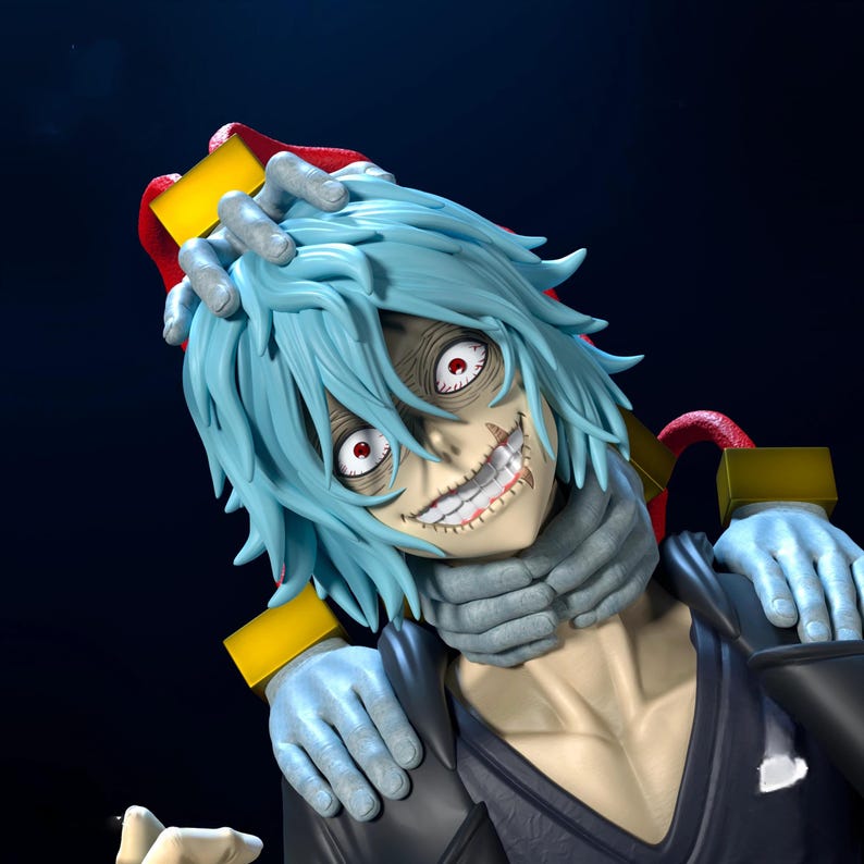 May include: A detailed figurine of a character with pale skin, light blue hair, and red eyes. The character has a wide, unsettling grin with visible teeth. The figure is wearing a dark outfit with a gray scarf and blue gloves. The overall aesthetic is dark and detailed.