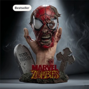 May include: A Marvel Zombies statue featuring a decaying Spider-Man head held in a zombie hand. The statue includes a tombstone with "Peter Parker" and the "Marvel Zombies" logo. The head is red and black with exposed flesh.