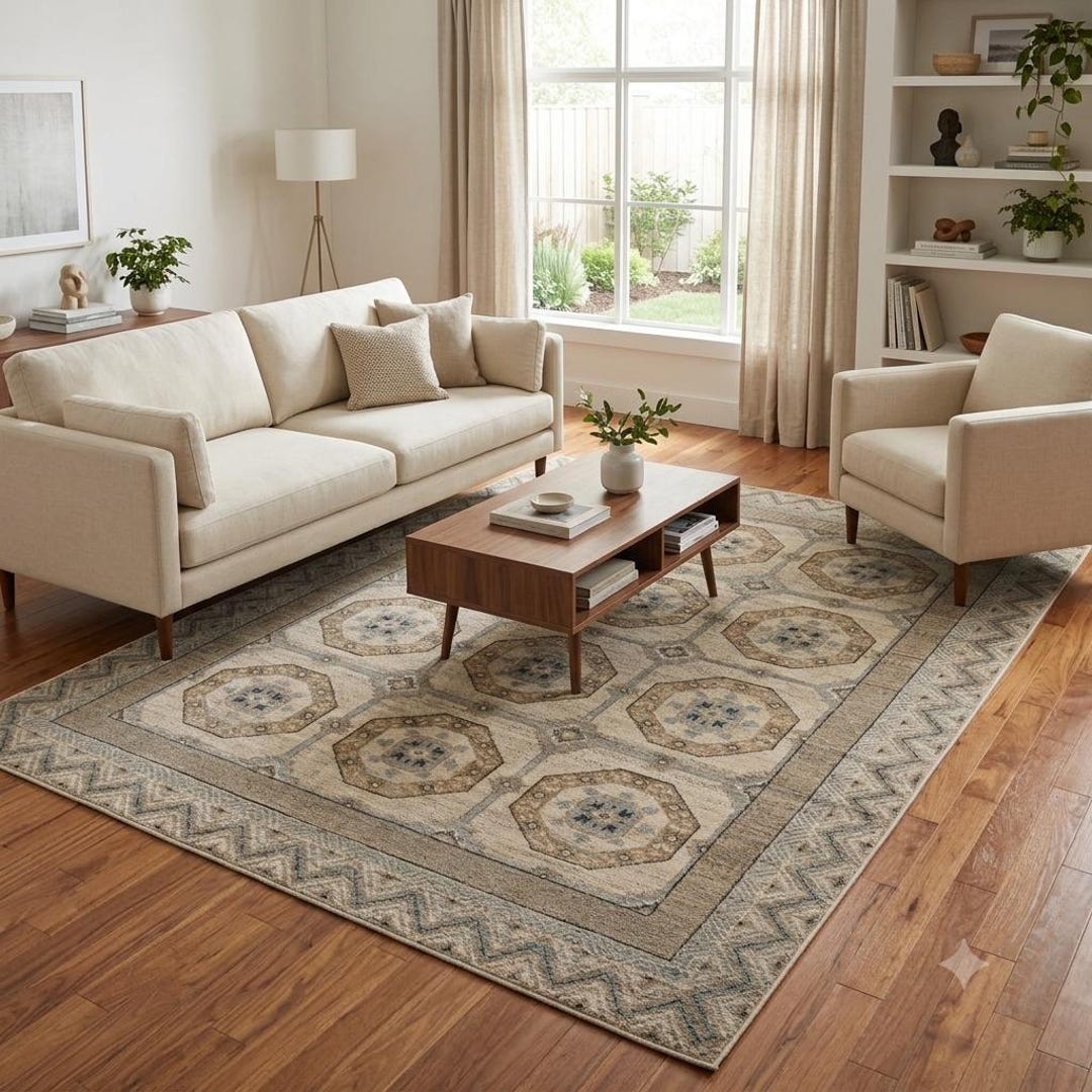 Hand-knotted Wool Area Rug, Geometric Medallion, Neutral Beige Blue ...