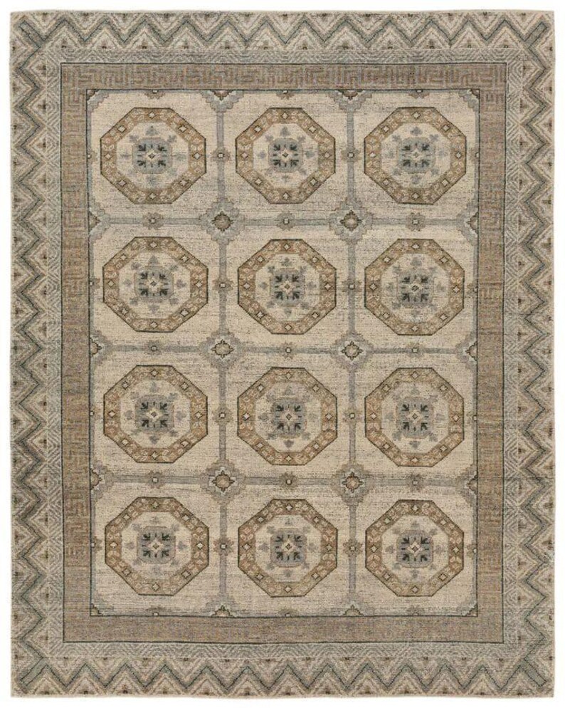 Hand-knotted Wool Area Rug, Geometric Medallion, Neutral Beige Blue ...