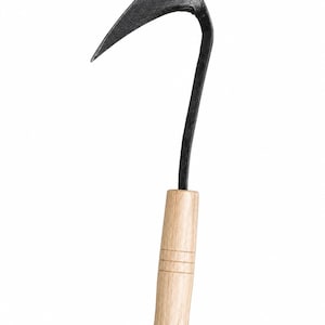 May include: A black garden hoe with a curved blade and a long, slender handle. The handle is made of light-colored wood and has three horizontal grooves near the top. The hoe is designed for weeding and cultivating soil in a garden.