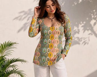 Indian Short Kurti for Women | Green Cotton Floral Arch Print | Scoop Neck, Full Sleeve, Plus Size XXS-7XL