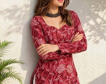 Indian Short Kurti for Women | Maroon Red Cotton Floral Print | Sweetheart Neck, Corset Lace Back, Full Sleeve, Plus Size XXS-7XL
