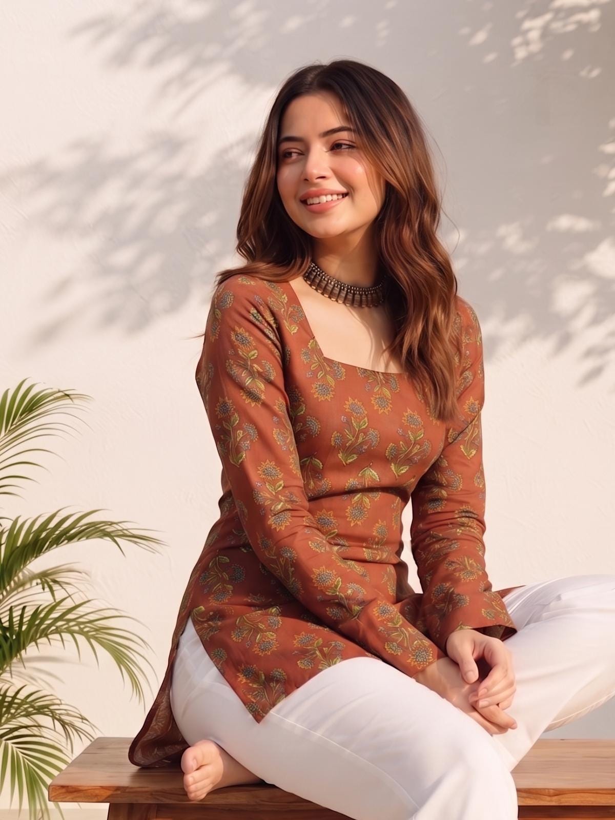 Indian Cotton Kurti for Women, Brown Printed Short Kurta, Floral Ethnic Tunic, Comfortable Office Wear Top, Everyday Cotton Clothing
