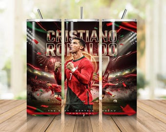 Adesivo per bicchiere termico Cristiano Ronaldo CR7 PNG, design per bicchiere termico sottile da 20 oz, download per sublimazione a tema calcistico, regalo per tifosi di calcio, adesivo sportivo
