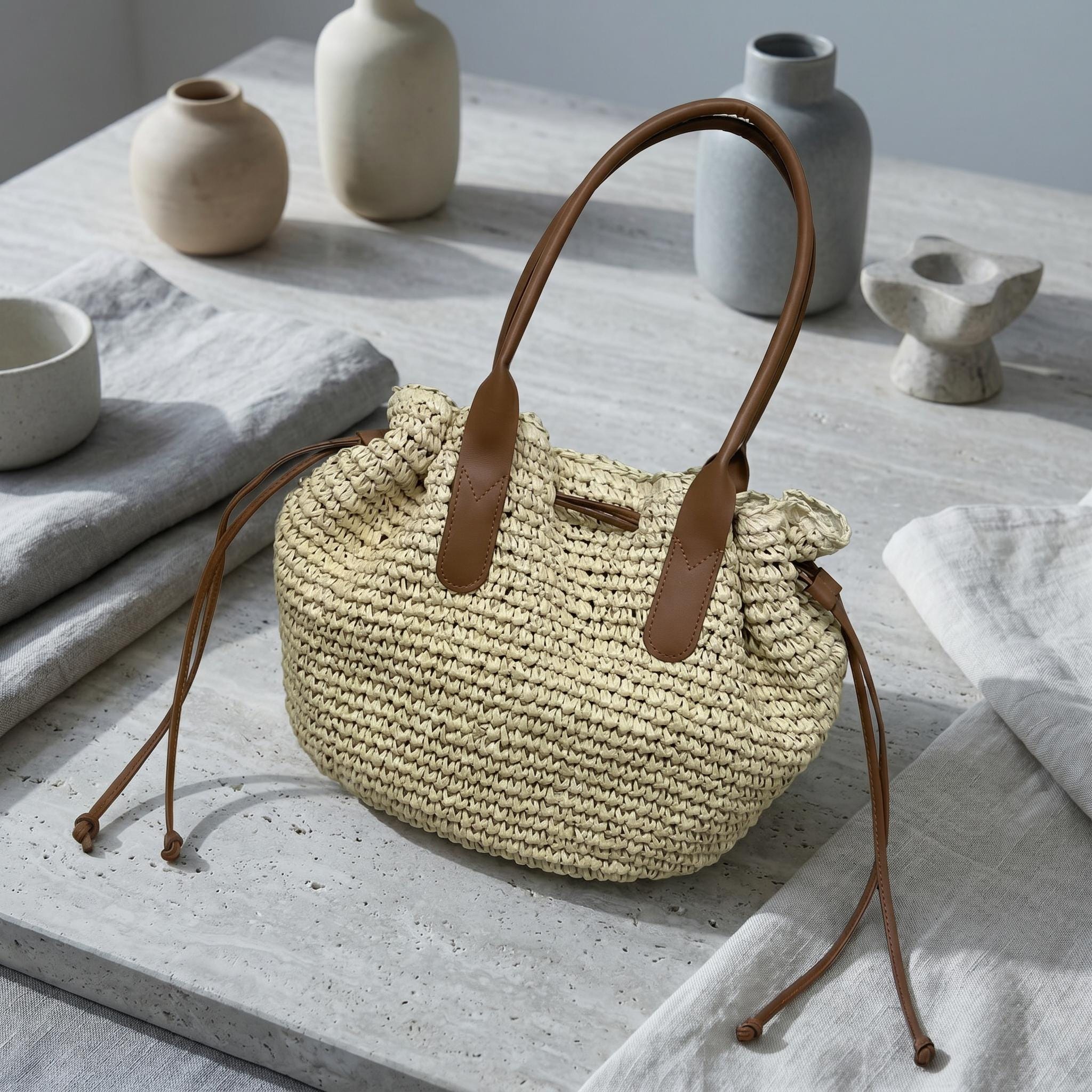 Boho Straw Tote Bag, Woven Summer Shoulder Purse, Leather Handles ...