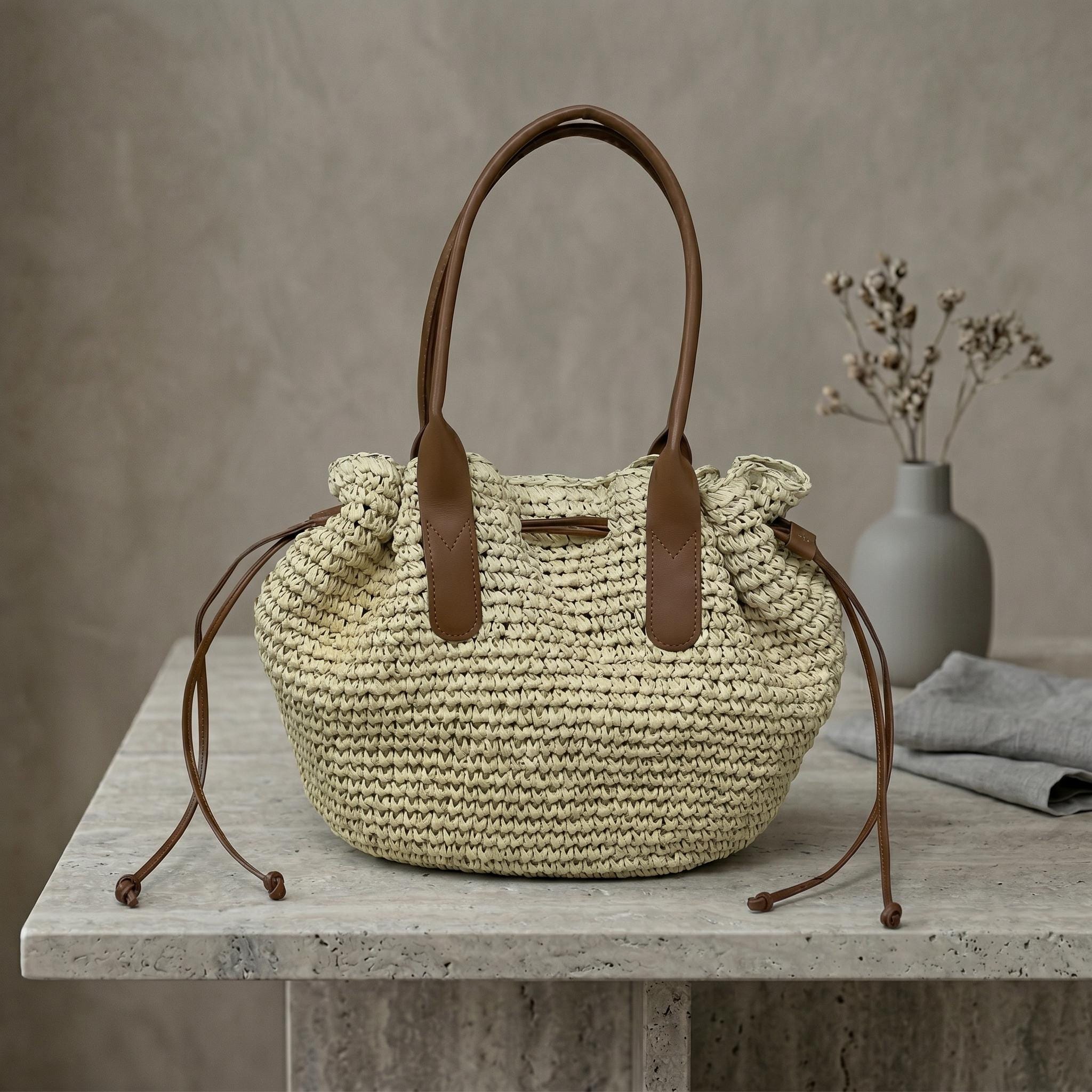 Boho Straw Tote Bag, Woven Summer Shoulder Purse, Leather Handles ...