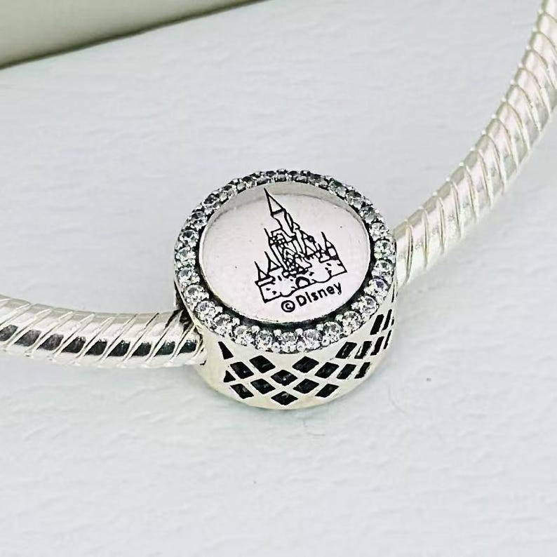 Pu&ograve; includere: Un ciondolo in argento con una faccia circolare che presenta il contorno inciso in nero di un castello e la scritta Disney. Il ciondolo &egrave; bordato da un anello di piccole pietre trasparenti e ha un motivo a reticolo sui lati, su un bracciale.
