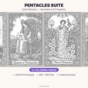 Puede incluir: Ilustraciones en blanco y negro de cartas del tarot de la suite de los Pentáculos. Las cartas muestran ilustraciones detalladas de la Reina y el Nueve de Pentáculos. El texto "14 COLORING PAGES" también está presente.