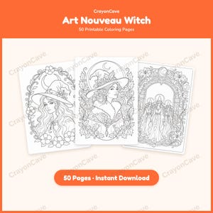 Peut inclure: Un ensemble de 50 pages de coloriage imprimables intitulé Art Nouveau Witch par CrayonCave. L'image présente trois illustrations en noir et blanc représentant des sorcières dans des cadres ornés de motifs floraux, lunaires et de houx.