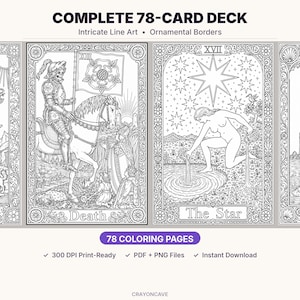 Puede incluir: Una baraja completa de 78 cartas con intrincado arte lineal y bordes ornamentales. La imagen muestra dos cartas de tarot, "Death" y "The Star", con ilustraciones detalladas en blanco y negro. La baraja incluye 78 páginas para colorear, listas para imprimir.