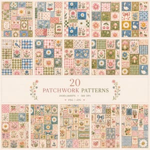 Patchwork Patterns, Watercolor Cottagecore, Quilt, Pastel Floral PNG, JPEG, Gingham, Bows (Digital Download)