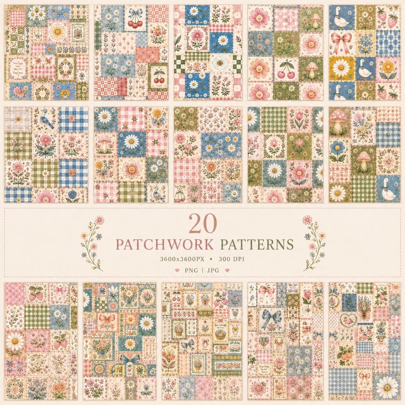 Pode incluir: Uma cole&ccedil;&atilde;o digital de 20 padr&otilde;es de patchwork com motivos florais, frutais e animais. Os designs incluem xadrez vichy, margaridas, cerejas, cogumelos e la&ccedil;os numa paleta suave de cores rosa, azul, verde e amarelo.
