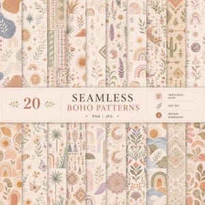 Boho Seamless Patterns Bundle, Neutral Pastel Abstract Digital Paper (PNG JPG)