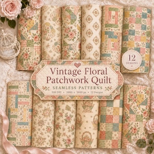 Puede incluir: Una colección de 12 patrones digitales sin costuras con diseños de colchas de patchwork y flores vintage en colores pastel suaves. La etiqueta central dice Vintage Floral Patchwork Quilt, Seamless Patterns, 300 DPI, 3600 x 3600 px, 12 Designs.