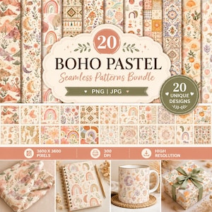 Boho Pastel Seamless Patterns Bundle, Neutral Abstract Designs (PNG JPG)