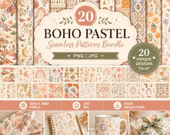 Boho Pastel Seamless Patterns Bundle, Neutral Abstract Designs (PNG JPG)