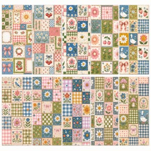 Pode incluir: Uma cole&ccedil;&atilde;o de dez pain&eacute;is de tecido verticais com um design de patchwork de quadrados. Os padr&otilde;es incluem motivos florais, margaridas, cerejas, patos, cogumelos, la&ccedil;os e xadrez vichy numa paleta de rosa, azul, verde e amarelo.