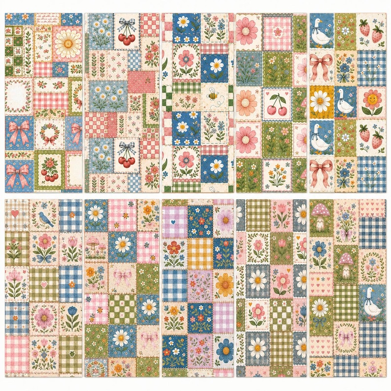 Pode incluir: Uma cole&ccedil;&atilde;o de dez pain&eacute;is de tecido verticais com um design de patchwork de quadrados. Os padr&otilde;es incluem motivos florais, margaridas, cerejas, patos, cogumelos, la&ccedil;os e xadrez vichy numa paleta de rosa, azul, verde e amarelo.
