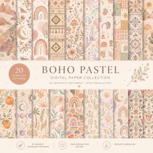 Boho Seamless Patterns Bundle, Botanical Digital Paper, JPG, PNG, Repeating Pattern, Scrapbook Paper