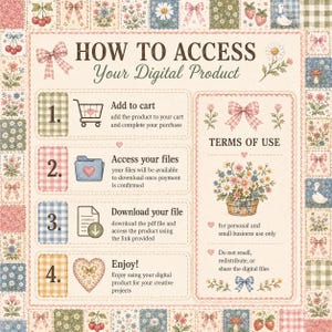 Pode incluir: Um gr&aacute;fico instrutivo intitulado HOW TO ACCESS Your Digital Product com uma borda de patchwork de cerejas, la&ccedil;os, flores e patos. Descreve quatro passos com &iacute;cones de carrinho, pasta, arquivo e cora&ccedil;&atilde;o, al&eacute;m de termos de uso.