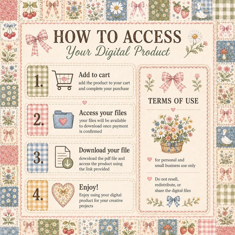 Pode incluir: Um gr&aacute;fico instrutivo intitulado HOW TO ACCESS Your Digital Product com uma borda de patchwork de cerejas, la&ccedil;os, flores e patos. Descreve quatro passos com &iacute;cones de carrinho, pasta, arquivo e cora&ccedil;&atilde;o, al&eacute;m de termos de uso.