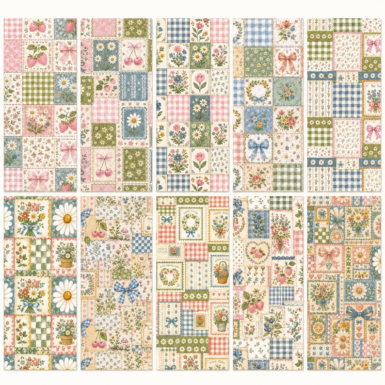 Pode incluir: Uma cole&ccedil;&atilde;o de dez pain&eacute;is retangulares verticais com um design de patchwork. Cada painel exibe uma grade de quadrados com padr&otilde;es de morangos, margaridas, tulipas, la&ccedil;os azuis e xadrez vichy em tons de rosa, verde e azul.