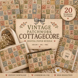 Vintage Cottagecore Patchwork Digital Paper Bundle, Floral Quilt Patterns, PNG & JPG, Scrapbook Paper