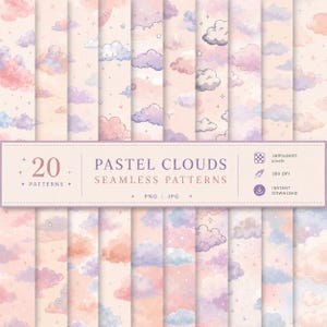Pacote de papéis digitais sem emenda com nuvens em tons pastel de sonho, fundos de nuvens repetidos, PNG e JPG