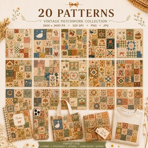 Padrões Boho Cottagecore Sem Costura, Padrões Digitais Botânicos Vintage com Repetição, Papel para Scrapbook, PNG e JPG