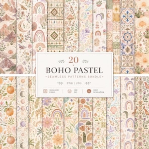 Boho Seamless Patterns Bundle, Botanical Digital Paper, JPG PNG, Repeating Pattern, Scrapbook Paper