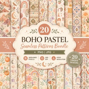 May include: A collection of 20 Boho Pastel seamless patterns. The patterns feature various designs including rainbows, mountains, and floral elements. The image includes the text "BOHO PASTEL Seamless Patterns Bundle" and "20 Unique Designs".