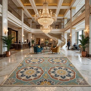 May include: A large rectangular area rug featuring a repeating floral mandala pattern in shades of teal, mustard yellow, and terracotta on a light background, positioned in the centre of a grand hotel lobby with marble floors and a crystal chandelier.