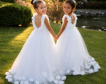 Blumenmädchen Kleid Weiß Tüll Ballkleid, Perle Zurück Open Back Floral, Hochzeit Blumenmädchen, Prinzessin Mädchen Kleid, Größen 0-3 M bis 16