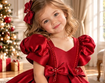 Red Flower Girl Dress, Christmas Party Dress, Satin Ball Gown, Kids Wedding Dress Holiday Girls Dress, Formal Girls Dress, White Party Dress